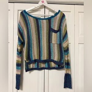 NATURAL LIFE Colorful Striped Cropped Sweater Small Boho Coastal Lagenlook